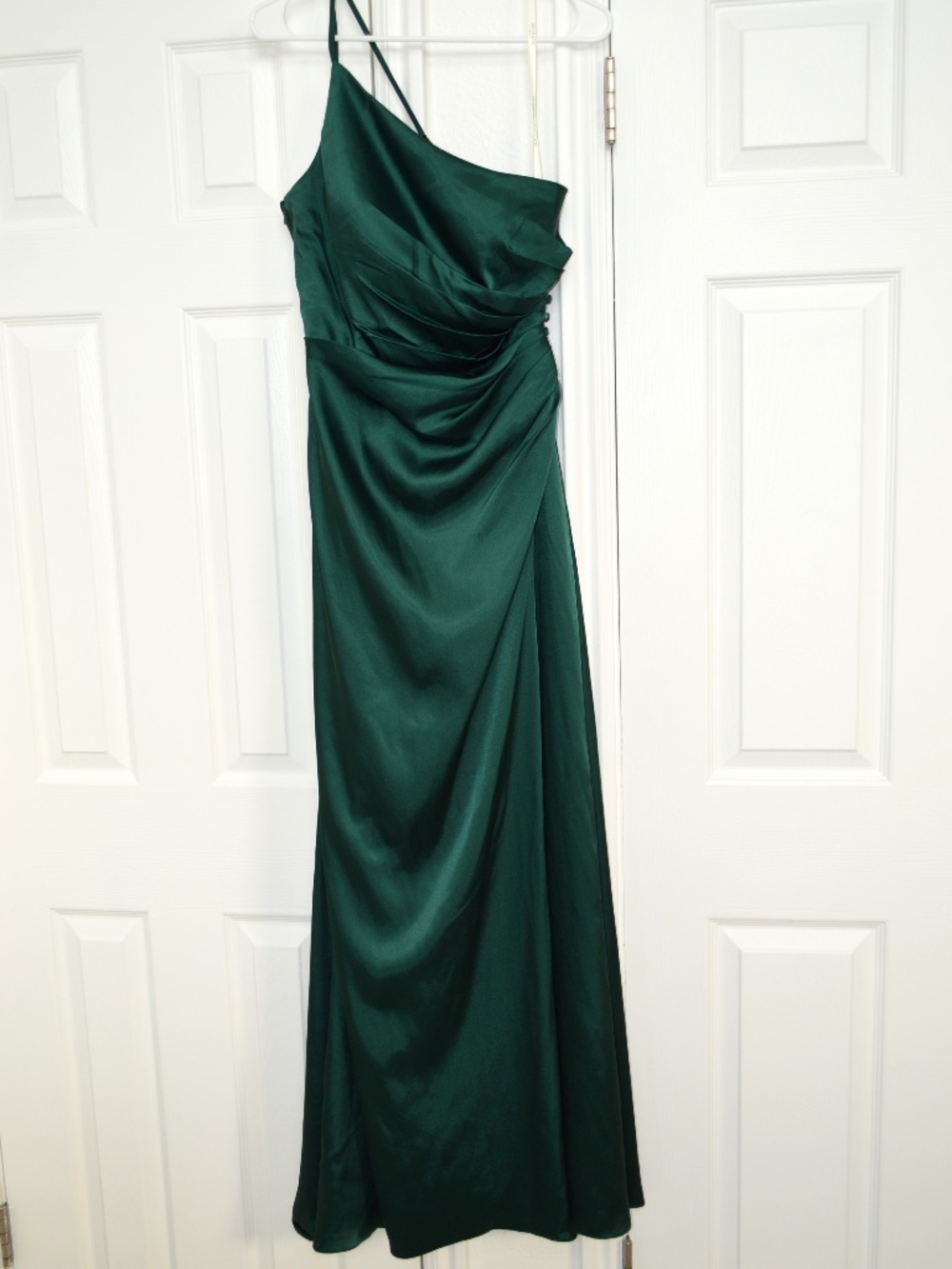 Galina signature long satin esmerald green dress one shoulder woman 4 skirt slit